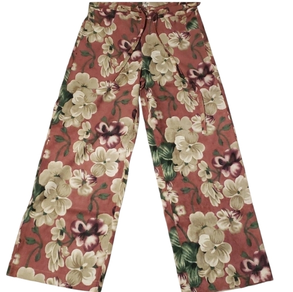 UNIQ Red Multi Print Pants Wide Leg With Adjustable Tie Belt L - Picture 1 of 12
